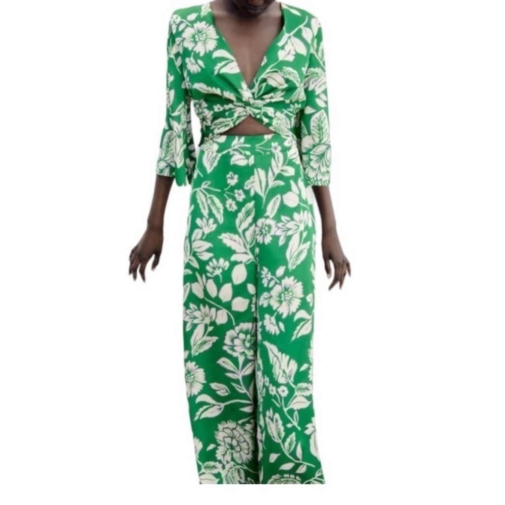 ZARA green floral satiny jumpsuit jumper.